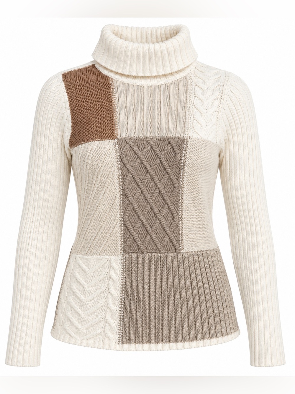 Vintage Patchwork Cable Knit Turtleneck Sweater Cream Tan size small